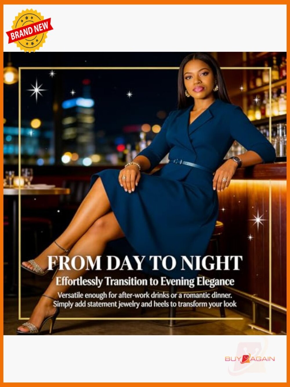 3/4 Sleeve A-Line Dress with Belt for Wedding Guest or Work - Picture 4 of 7